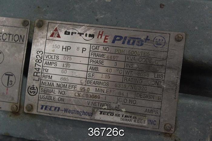 Used Teco Westinghouse PDH15000TE5 150 Hp Ac Motor, 575 Volt, 885 Rpm #36726
