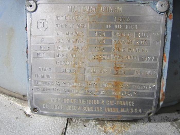 Used Reactor, 500 Gallon, Glass Lined, 100 PSI, Jkt, Agit, Dedietrich, #S736048