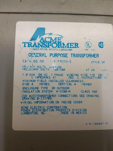 Used Acme General Purpose Single Phase Transformer T-2-53010-S