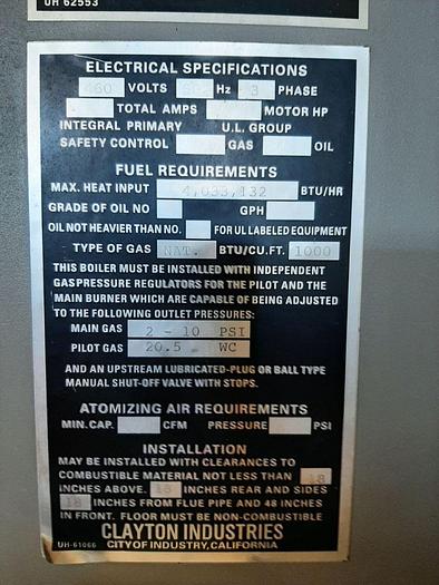 Used Boiler, 100 HP, Clayton, Model SF-100-1-FMB-SE, Gas-Fired #C744819