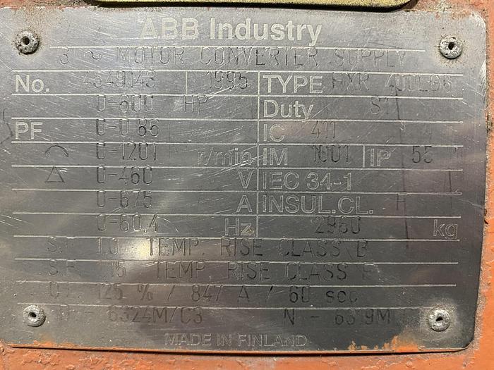 Used 600 HP ABB MOTOR 1200 RPM REBUILT 2017