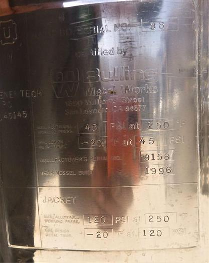 Used Tank, 25 Gallon, 316 Stainless Steel, Jacketed, Agitated, 18" X 28", 120 PSI, DT/DB #C743761