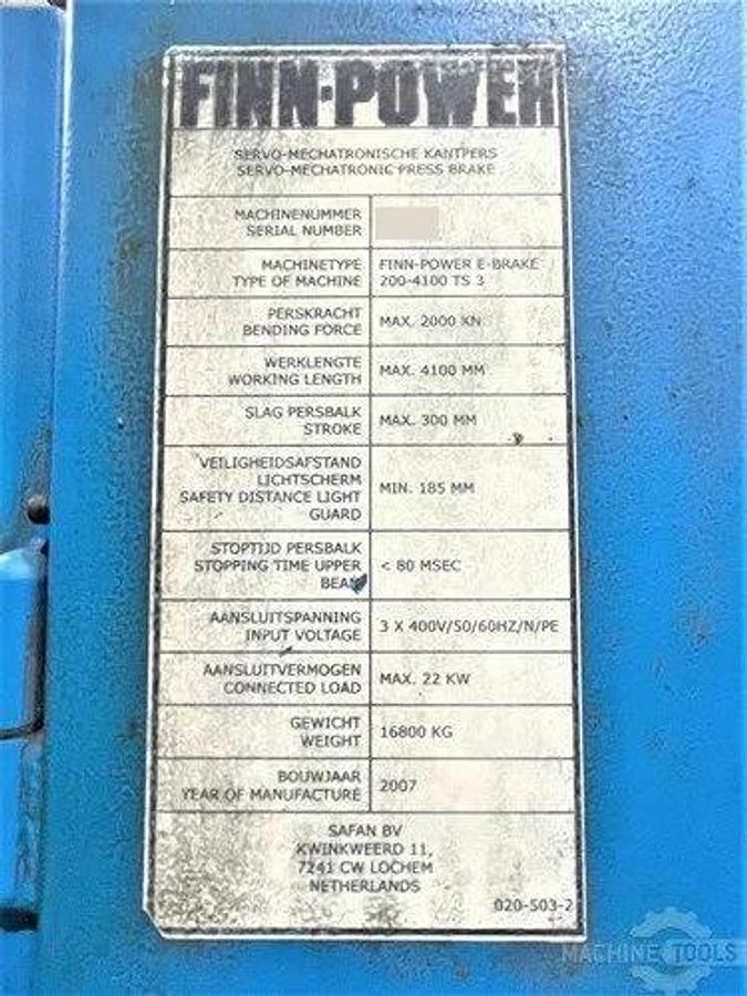 FINN POWER Electric Press Brake Model 200-4100 TS 3 F CNC, 200 Ton x 144" BH, 5 axis BG  (X,R,Z1,Z2,X1)