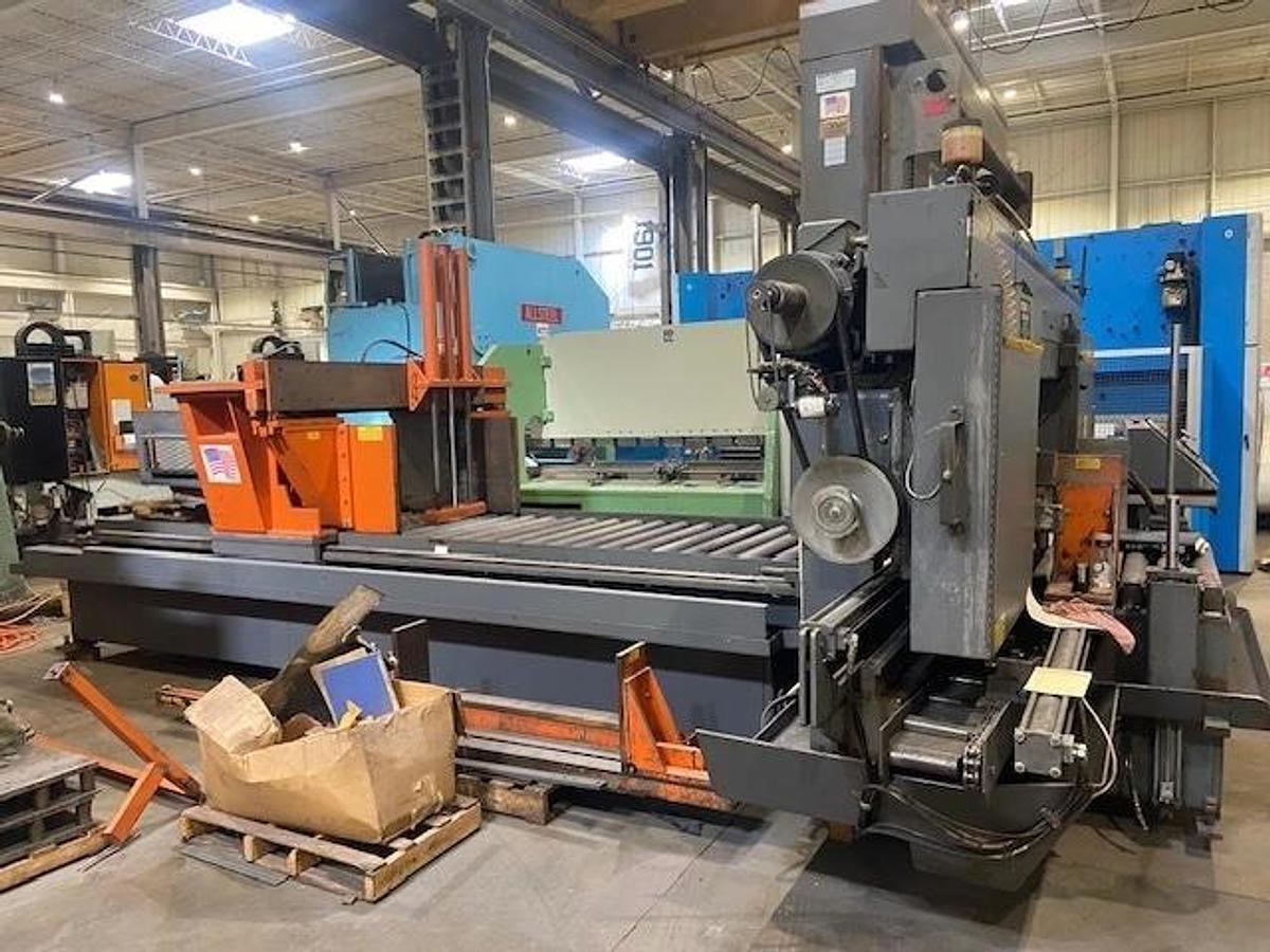Used HEM saw Model WF 190A-DC Capacity 25" x 44" Automatic, Dual Column, , 24" Roller Discharge, Optional Top Clamp, Bi-Directional Outboard Powered Vise on Feed Table