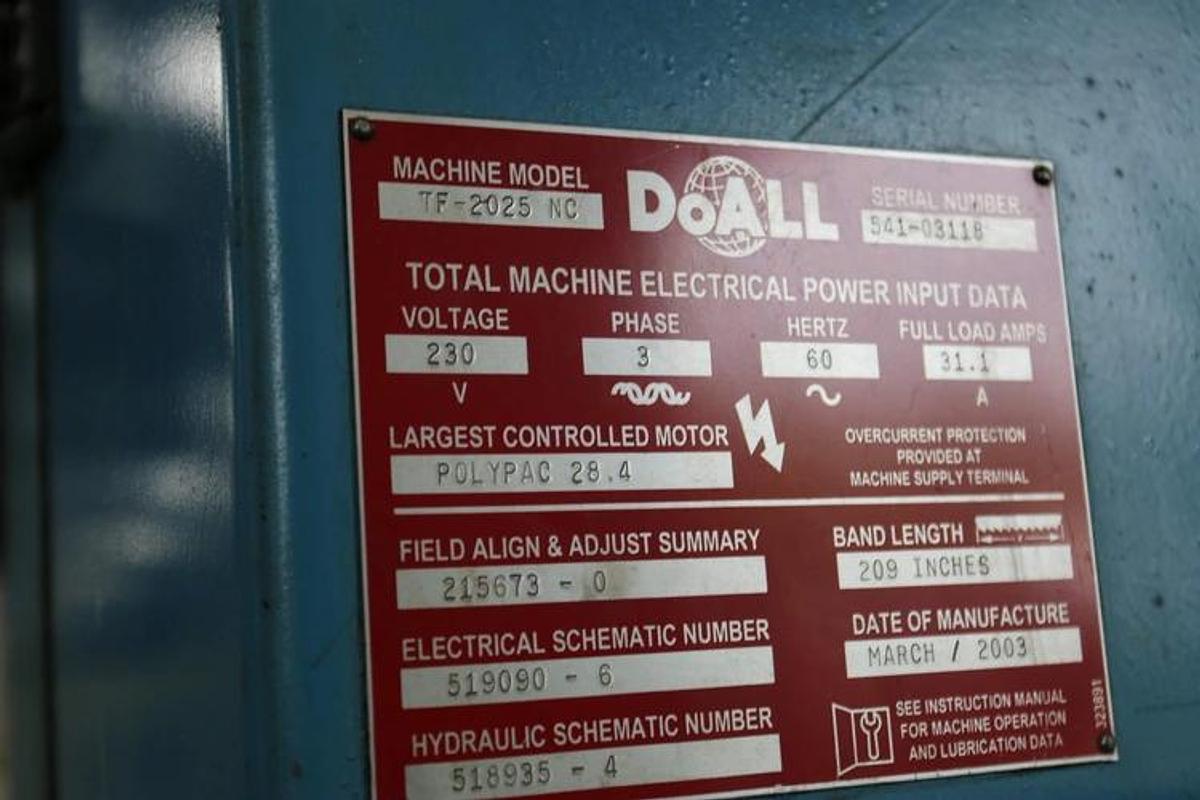 Used 2003 DOALL Vertical Bandsaw Model TF-2025NC Capacity 20" x 25"