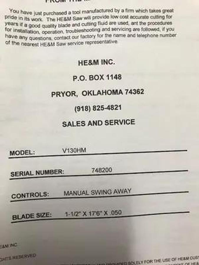 Used HEM Model V130HM Vertical Double Miter Bandsaw. Can be seen under power in IL. 20" x 24" capacity, 45 degrees L & R