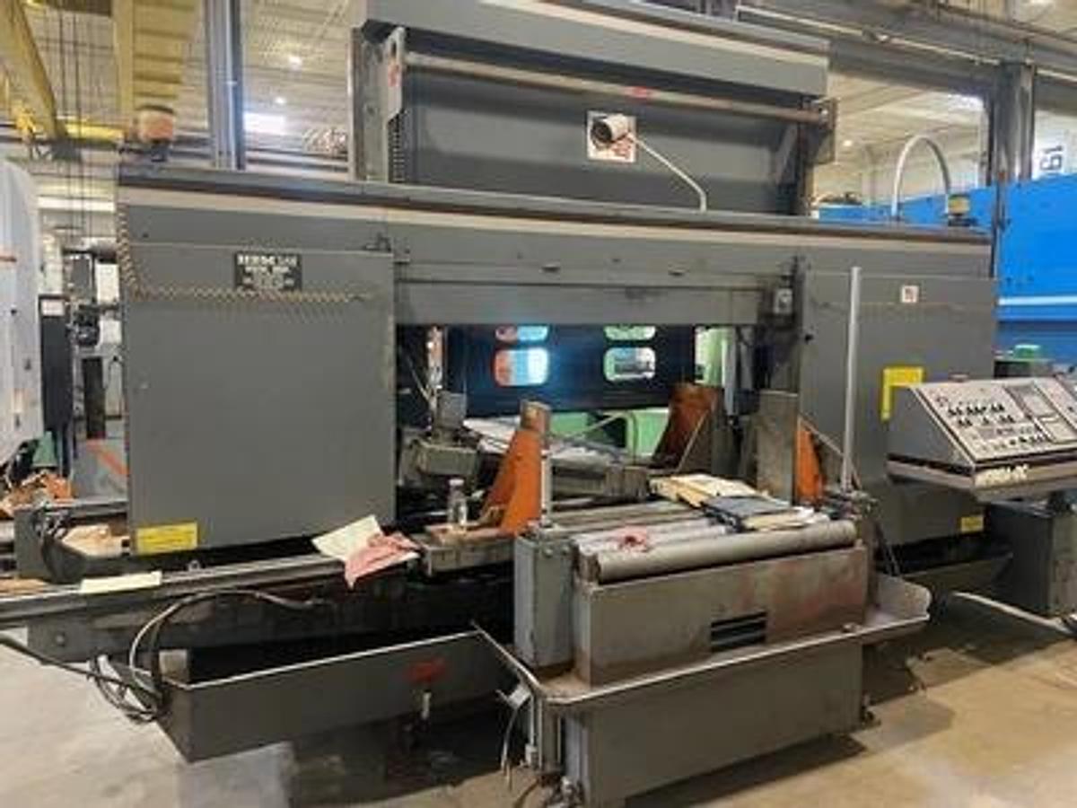 Used HEM saw Model WF 190A-DC Capacity 25" x 44" Automatic, Dual Column, , 24" Roller Discharge, Optional Top Clamp, Bi-Directional Outboard Powered Vise on Feed Table
