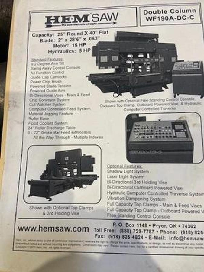 Used HEM saw Model WF 190A-DC Capacity 25" x 44" Automatic, Dual Column, , 24" Roller Discharge, Optional Top Clamp, Bi-Directional Outboard Powered Vise on Feed Table