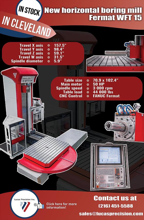 FERMAT WFT 13 CNC Table Type HBM 5.1" spindle; FANUC 31iB, In stock OHIO. 40 ATC, 1,000 PSI Coolant