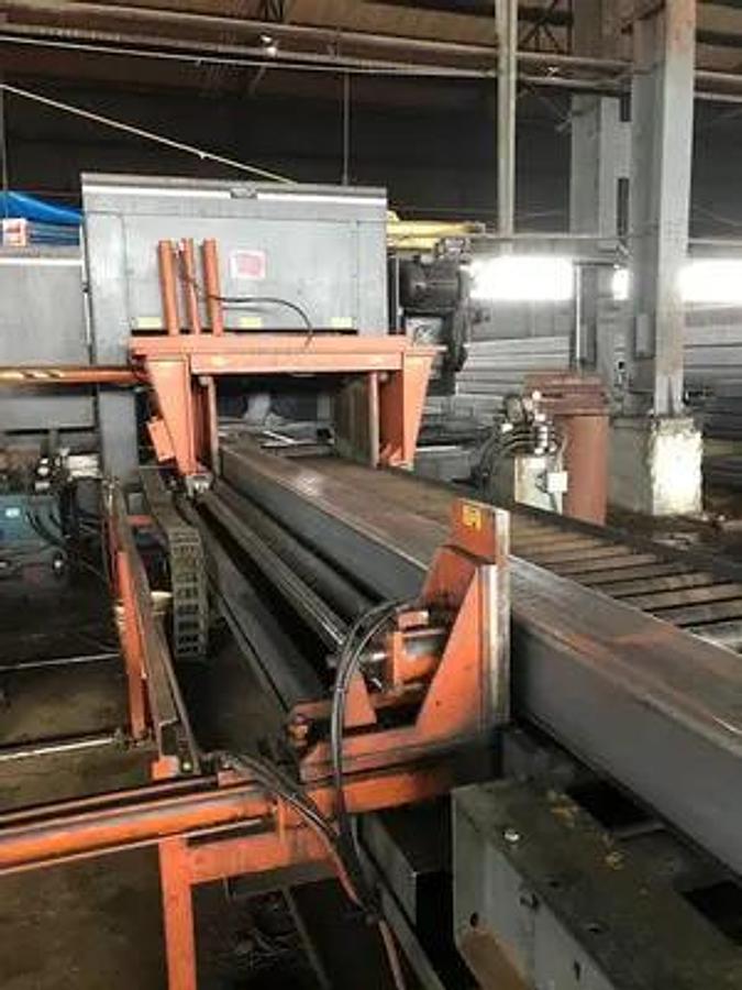Used HEM saw Model WF 190A-DC Capacity 25" x 44" Automatic, Dual Column, , 24" Roller Discharge, Optional Top Clamp, Bi-Directional Outboard Powered Vise on Feed Table