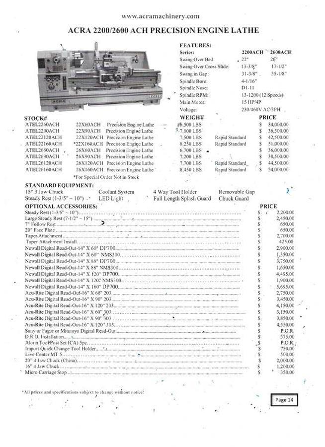 ACRA 2690 ACH PRECISION ENGINE LATHE 26" Swing x 90 Centers, Made in same factory as Kingston