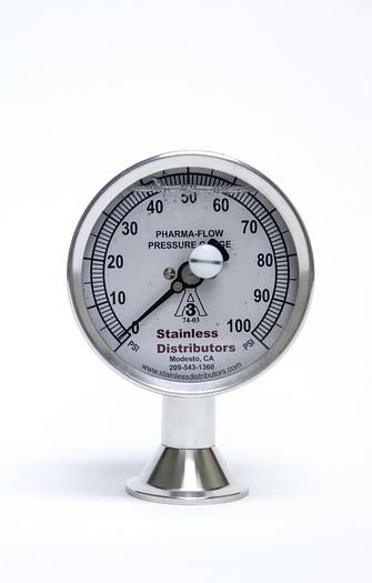 Used Stainless Distributors 100 PSI Pharma Flow Pressure Gauge 3P-D-15U-GF-BT (2561A)