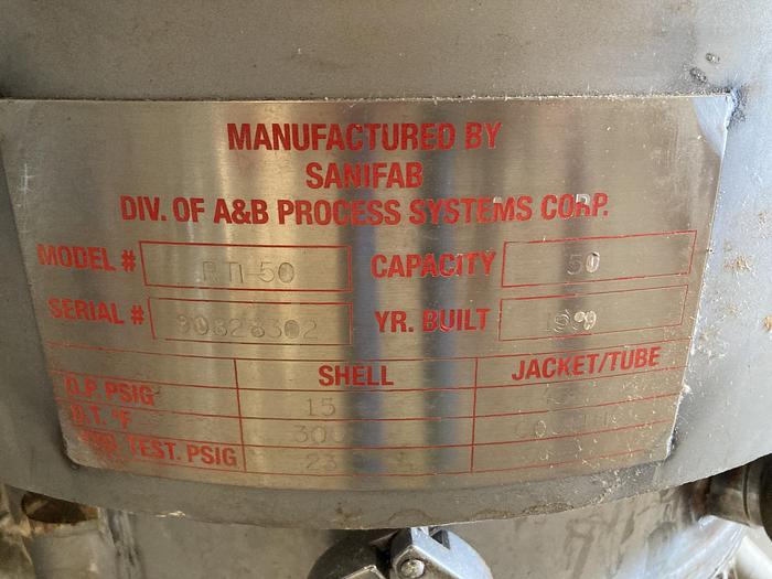 Used A & B Process Systems 50 gallon 304 stainless steel jacketed mix tank