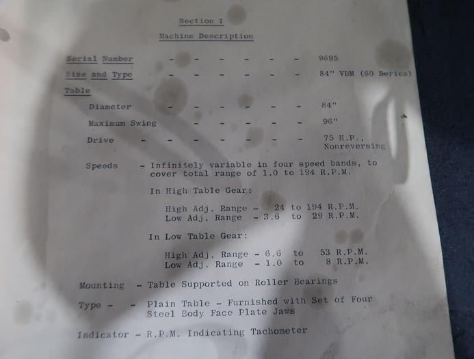 Used Gray 60 Series 84" Vertical Boring Mill