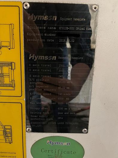 Used 2018 HYMSON HF3015 Fiber laser 3KW