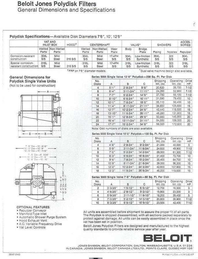 Used Beloit Jones 3980 Poly Disk Filter, 7'6" Disc Diameter With Drive And Auger, Seven Disks Installed #24456