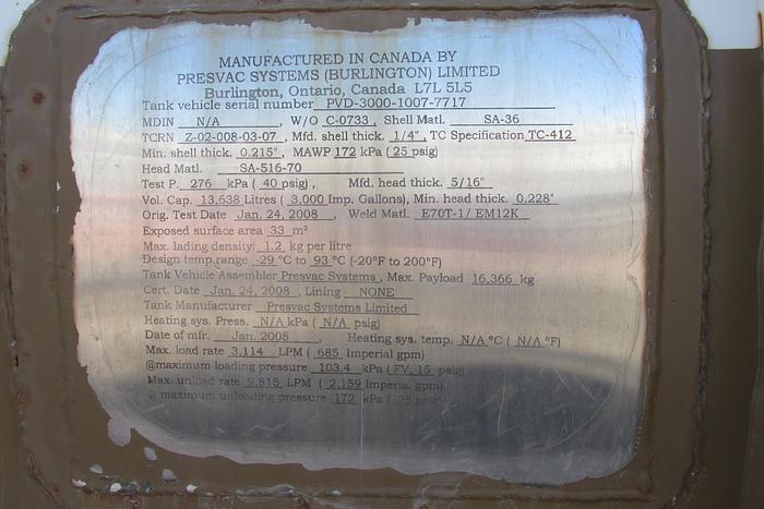 Used 2008 Sterling Presvac 3000 gal