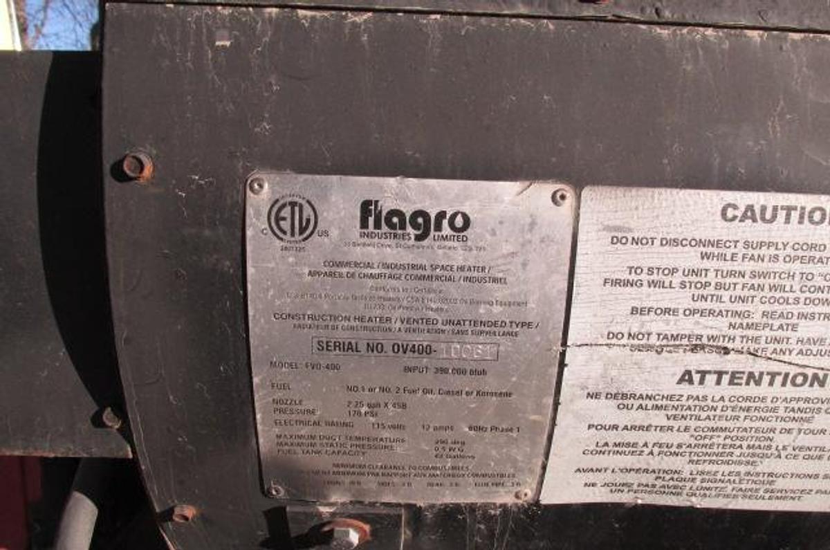 Used Flagro FVO-400 Diesel Fired Indirect 390,000 BTU Unit heater