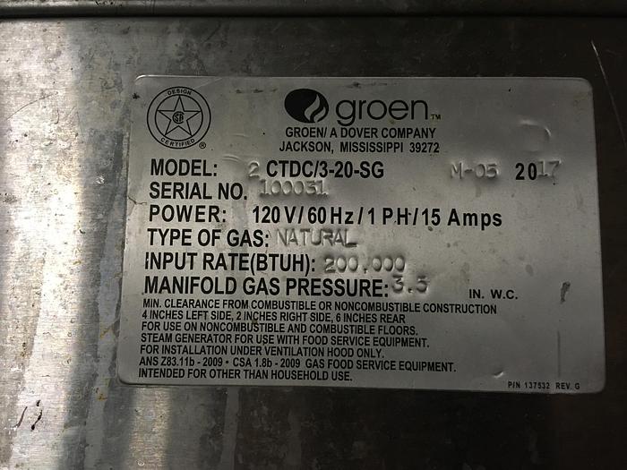 Used GROEN DOUBLE 20 QT. TRUNNION KETTLES ON SELF CONTAINED NAT. GAS BOILER BASE STAND.