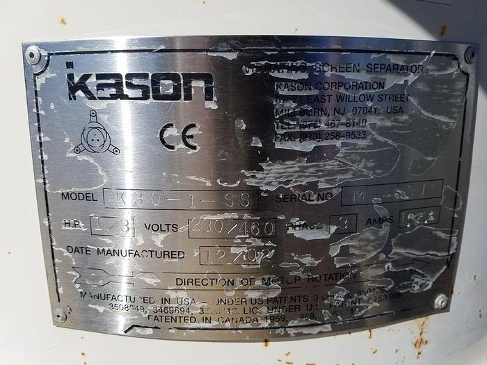 Used Screen, Kason, 30", Double, S/st, Ultrasonic,Screen, Kason, 30", Double, S/st, Ultrasonic, #C742257