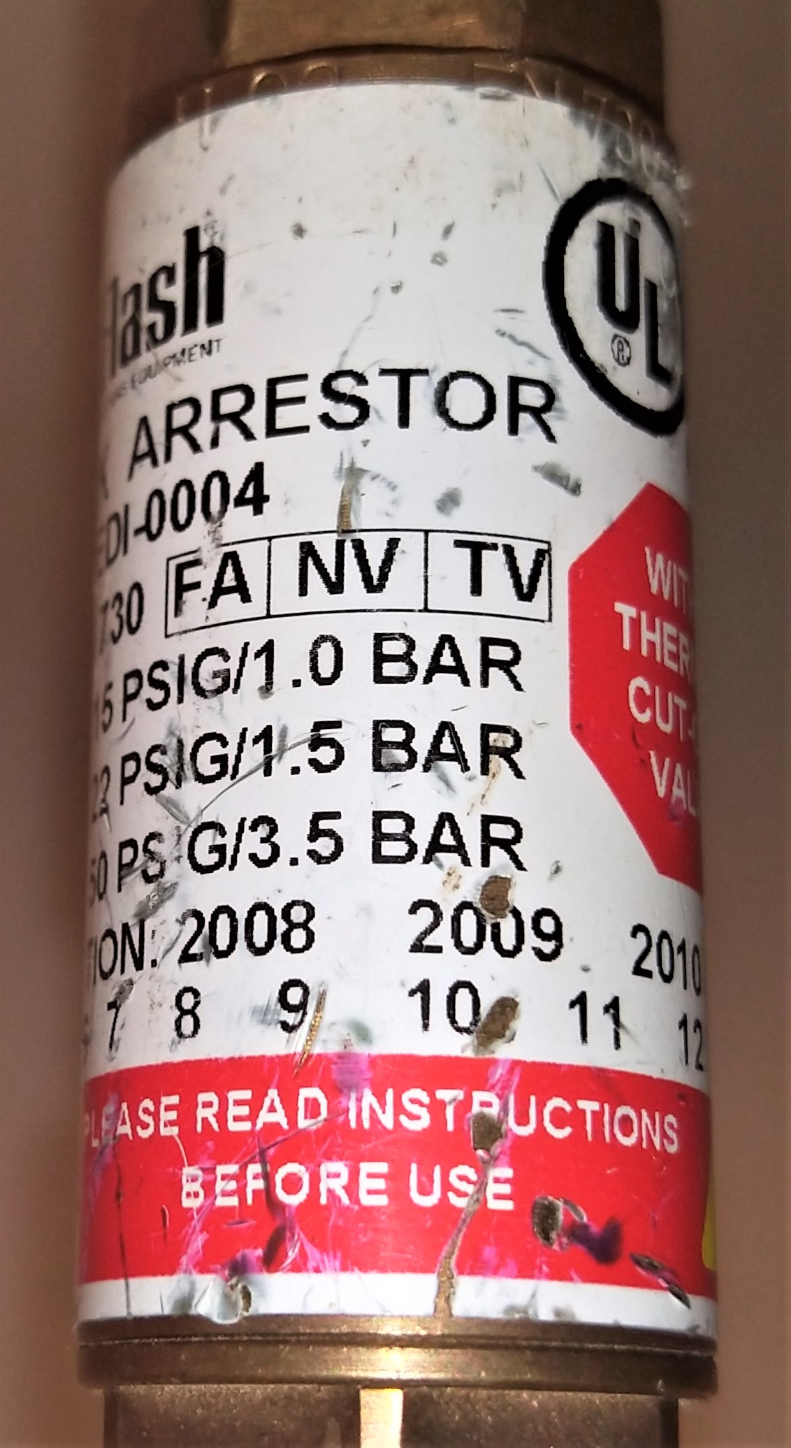 Used Fisherbrand 10-575-115 Regulator with EDI-004 Flash Arrestor - CGA 350