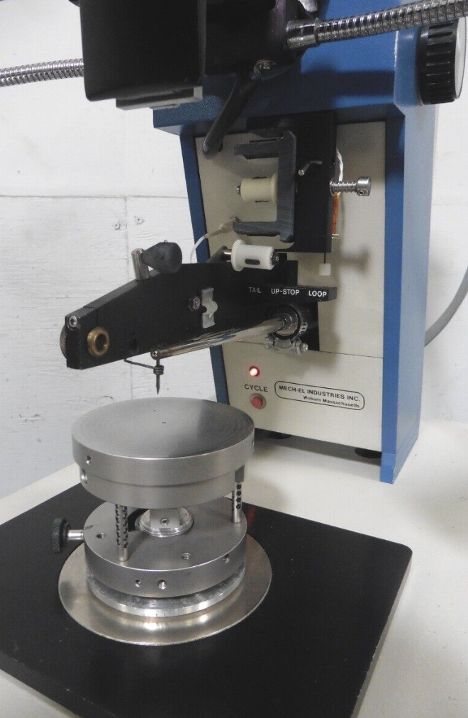 Used Mech-El 907 45° Feed Ultrasonic Wedge Wire Bonder w/ Heated Workholder