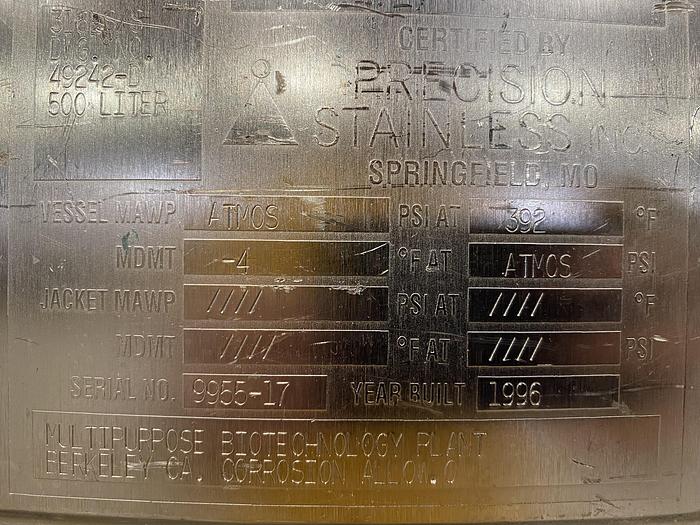 Used Precision 500 Liter Stainless Steel Insulated Mixing Tank w/ PharMix Agitator