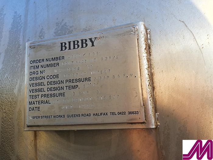 Used 1990 20,000 Litre Bibbys 316 Stainless Steel Horizontal Tank