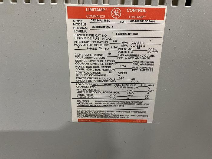 Used GENERAL ELECTRIC LIMITAMP STARTER CR194A118B2 500 HP CONTROLLER W/ DRAW-OUT AIR-BREAK CONTACTOR