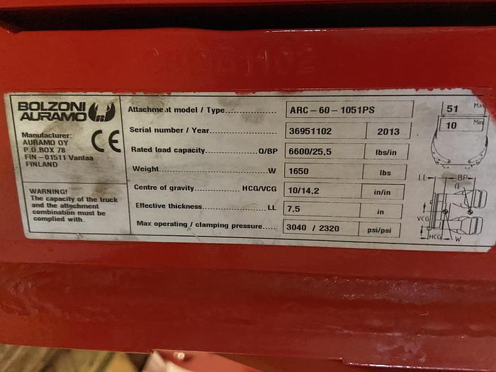 Used 51" BOLZONI ROLL CLAMP MODEL ARC-60-1051PS MFG. 2013 PENDING - JA