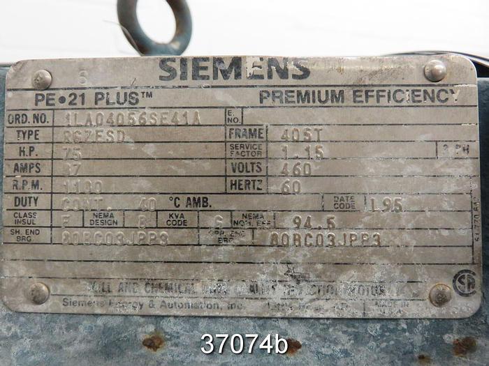 Used Siemens 75HP AC Motor, 1100 RPM, 460 Volt, 405T Frame #37074