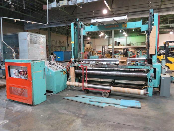 Used 96" Cameron Two Drum Slitter Rewinder w/ Shaftless Unwind Stand