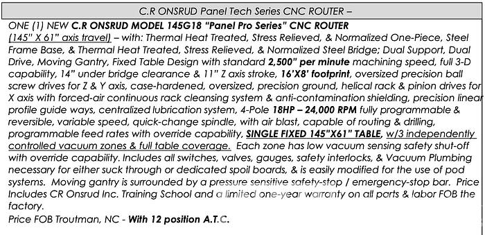 Used 2007 CR Onsrud Panel Pro 145G18D CNC Router