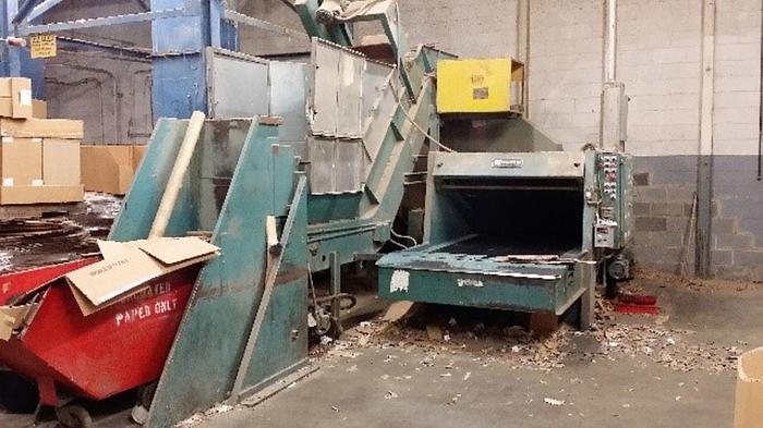 Used Maren Corrugated Box Shredder w/ Dump Cart & Conveyor