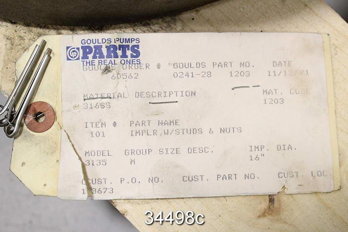 Used Goulds 3135 Impeller, 2-Vane, 6x12x16, 6x14x16, 16" Diameter, Pattern 52703 #34498