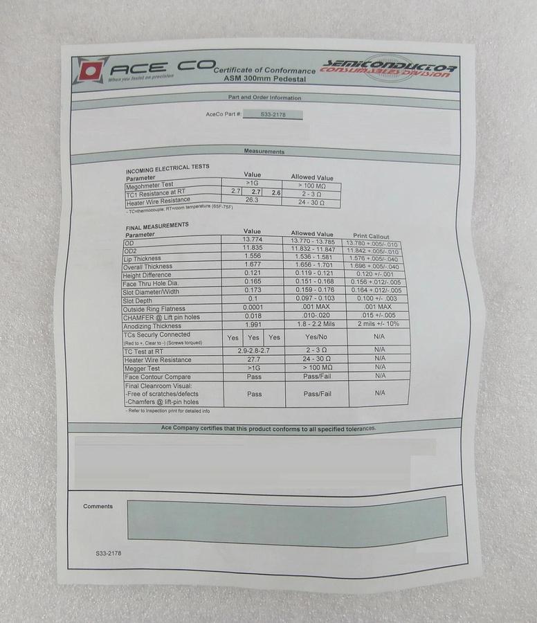 AceCo S33-2178 Eagle Susceptor Pedestal ASM Advanced Semiconductor Materials New