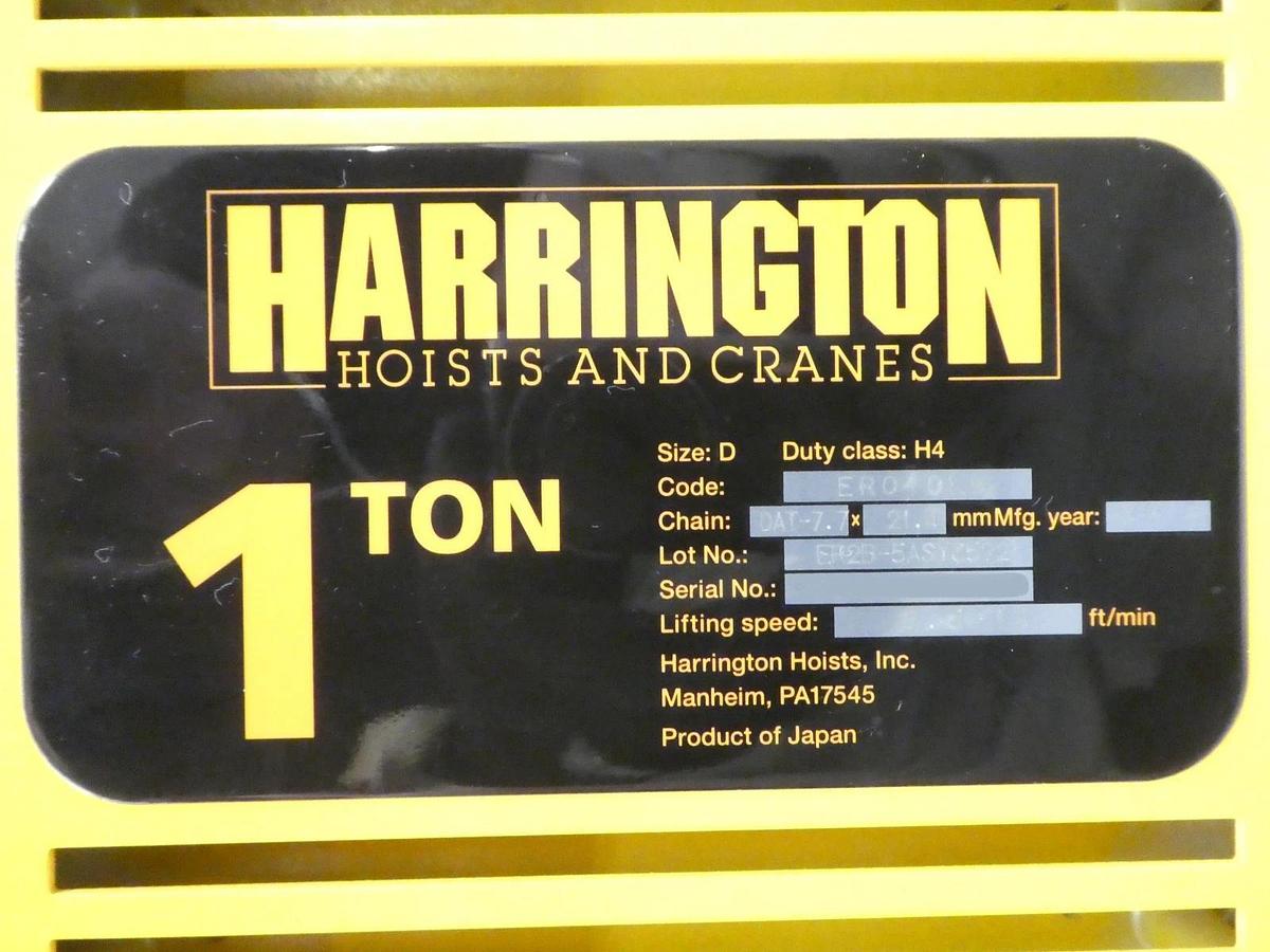 Used Harrington Cranes ER010LD 1 Ton Chain Hoist Hook Mount with SWD2200AA1 Working