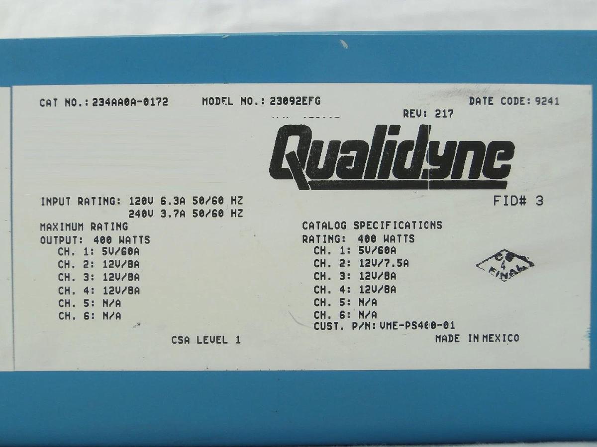 Used Qualidyne 234AA0A-0172 Power Supply 23092EFG Tegal VME-PS400-01 Used Working