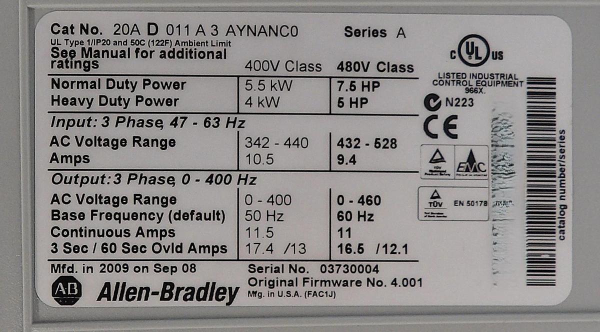 Used AB Allen-Bradley 20AD011A3AYNANC0 AC Drive PowerFlex 70 Lot of 2 Working
