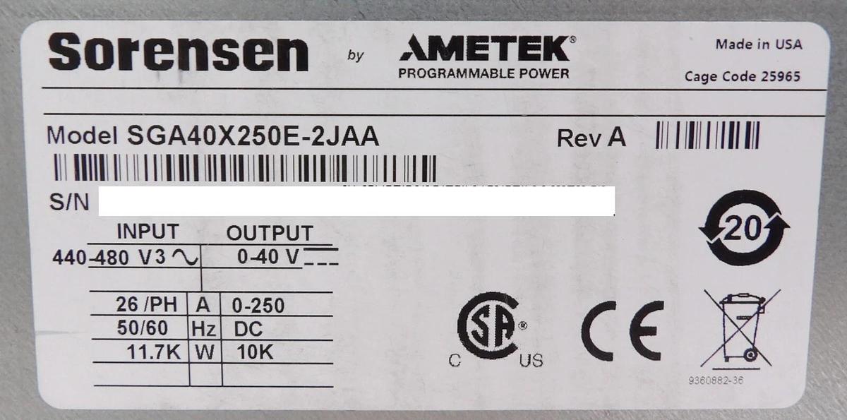 Used Sorensen SGA40X250E-2JAA 10kW DC Power Supply SGA 40/250 Damaged As-Is