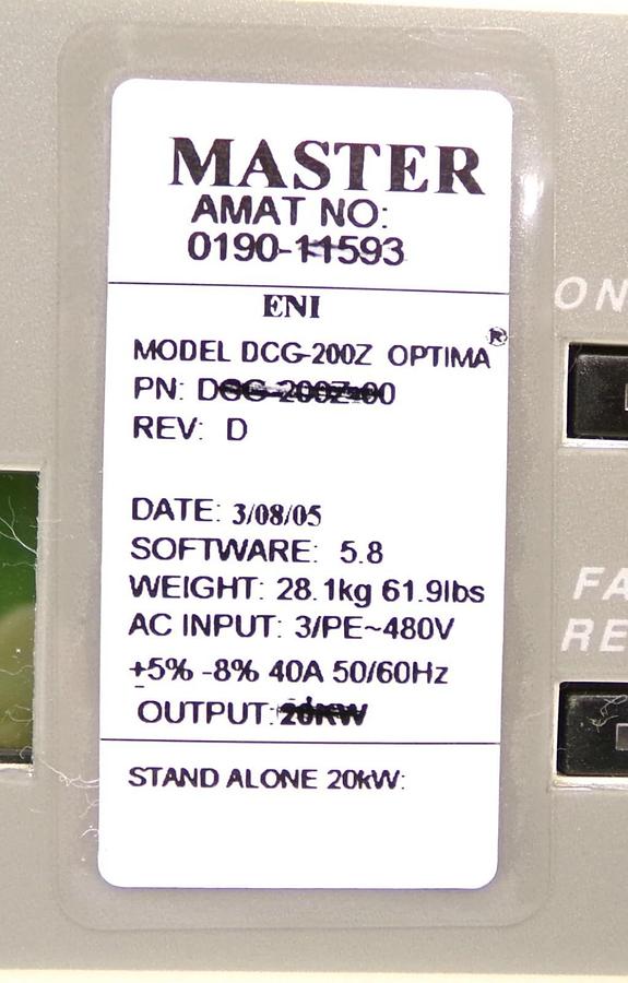 Used DCG-200Z Optima ENI DCG-200Z-00 DC Plasma Generator 10kW Master MKS Surplus