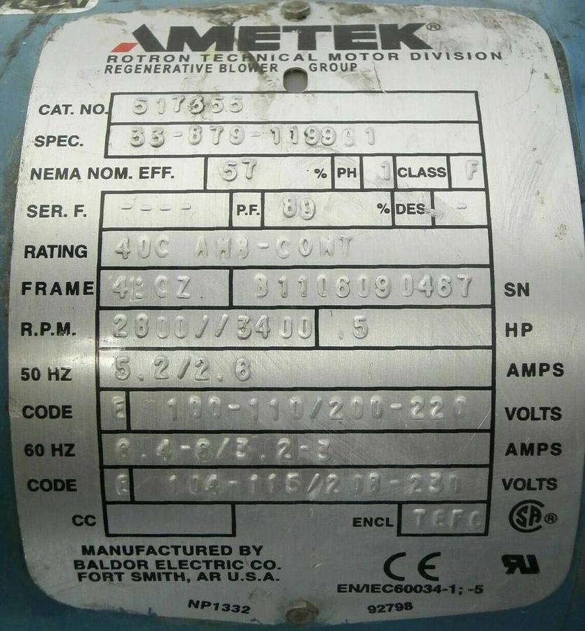 Used Ametek 080418 Air Blower Assembly DR303AE9MA Alcon NACD8 Edwards TPU Working