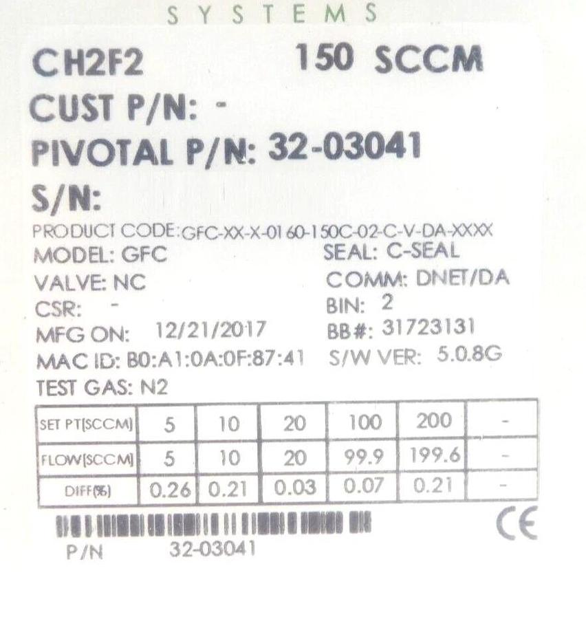 Pivotal Systems 32-03041 Mass Flow Controller MFC 150 SCCM CH2F2 New Surplus