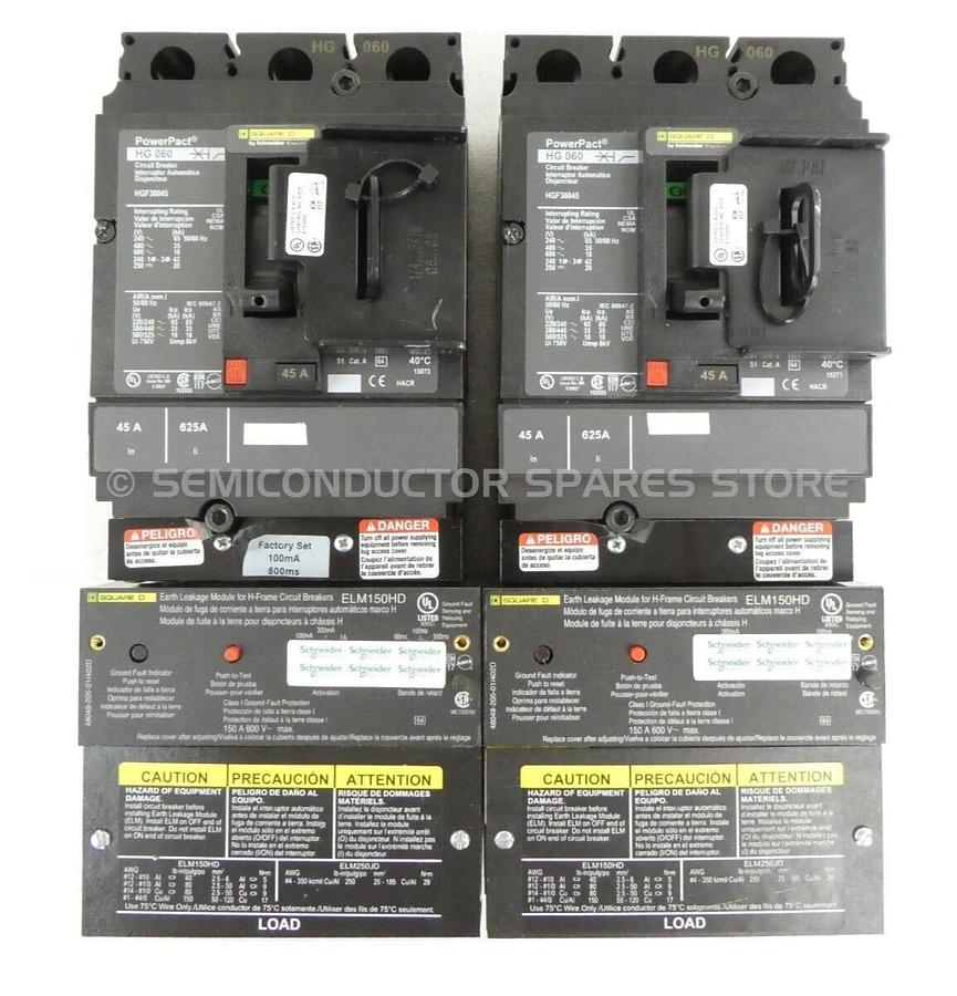 Used Square D HGF36045 Circuit Breaker PowerPact HG 060 ELM150HD Lot of 2 Working