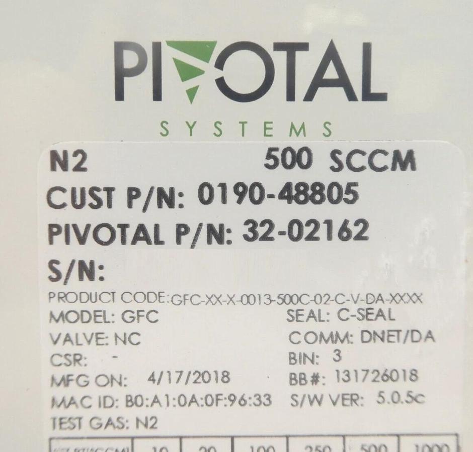 Pivotal 32-02162 Mass Flow Controller MFC 500 SCCM N2 0190-48805 Lot of 2 New