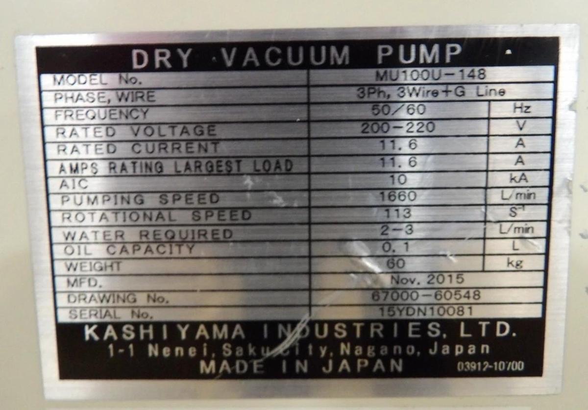 Refurbished MU100 Kashiyama MU100U-148 Vacuum Dry Vacuum Pump 500708581 OEM Refurbished
