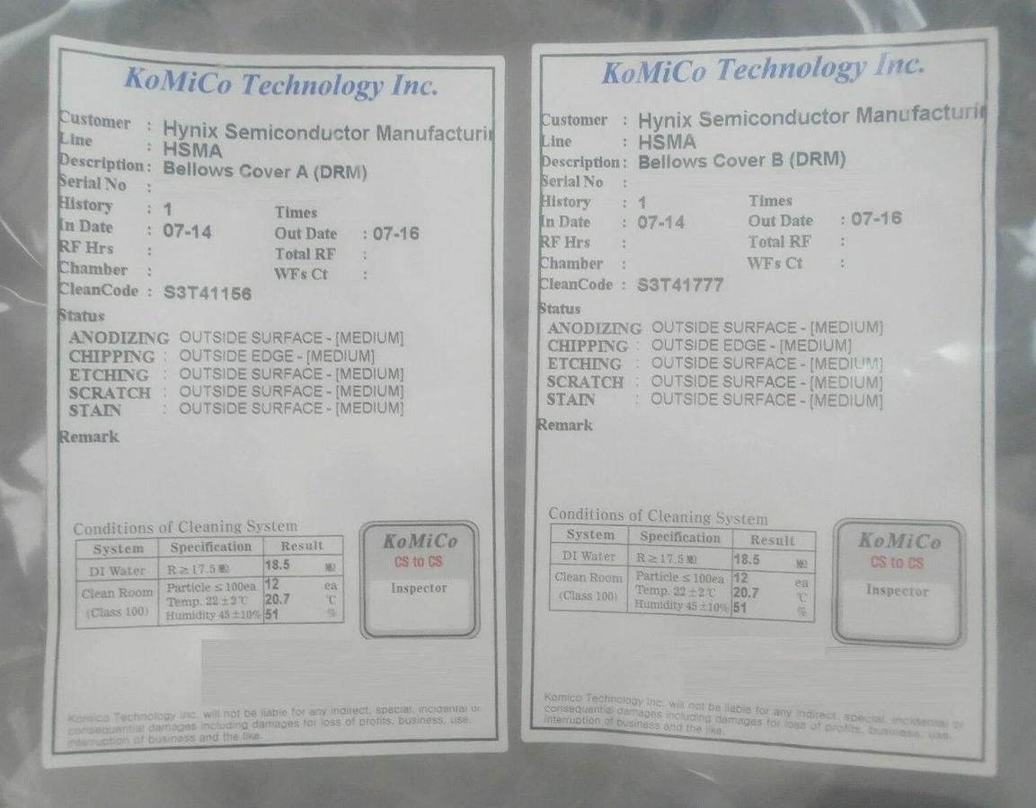 Used KoMiCo DRM Bellows Cover A and B Set of 2 TEL Tokyo Electron Unity Cleaned Spare