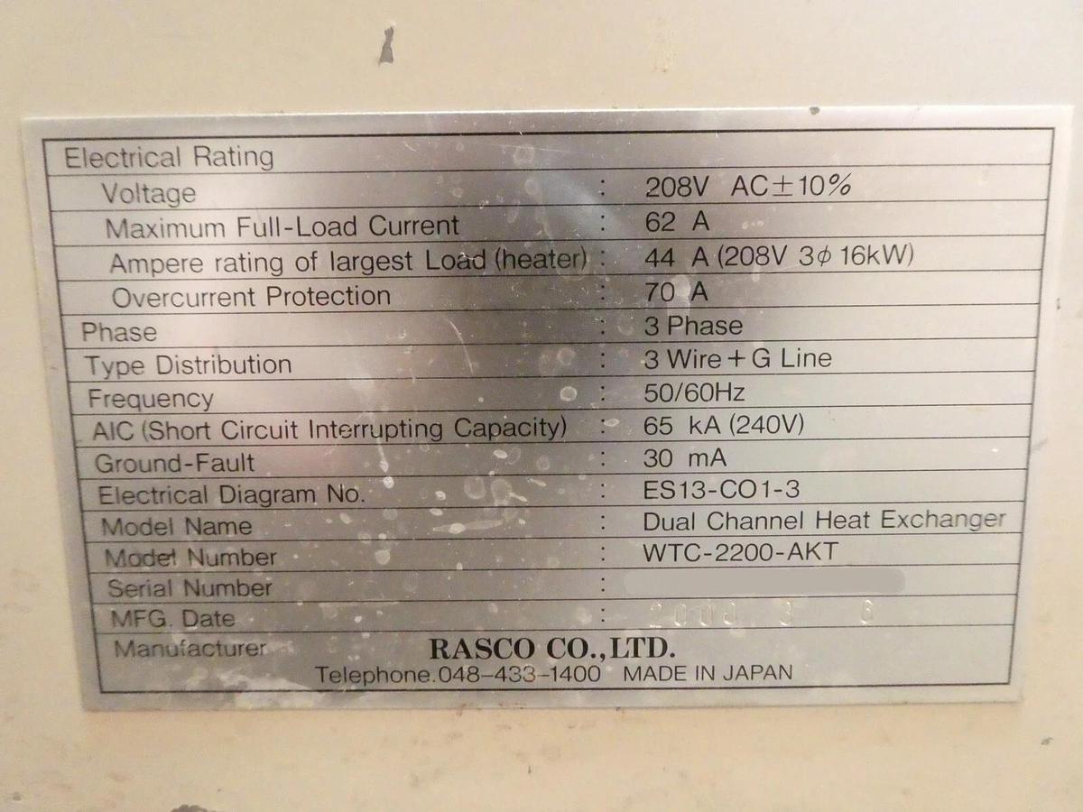 Used Rasco WTC-2200-AKT Dual Channel Heat Exchanger Untested Surplus Spare