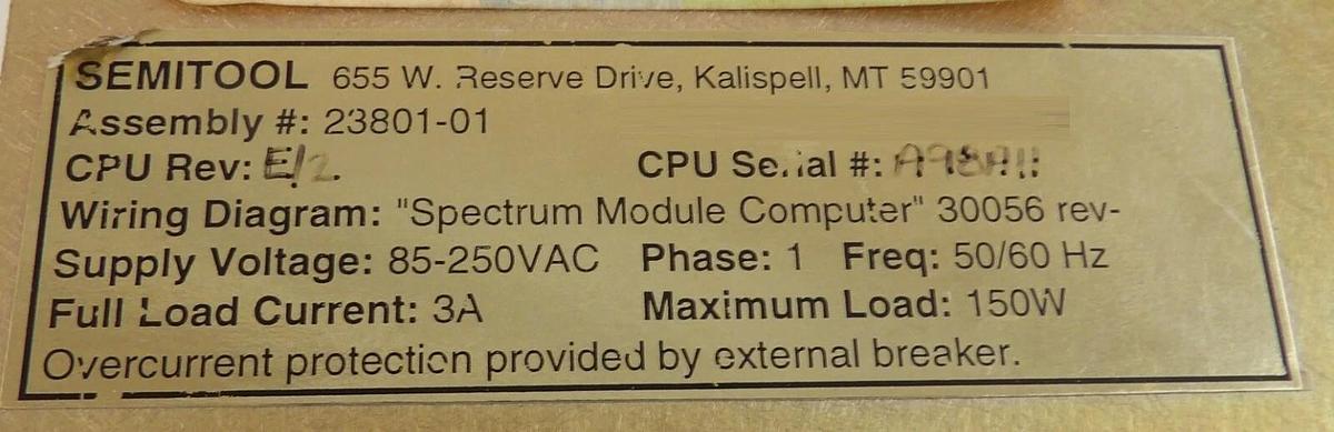 Used Semitool 23801-01 Module Computer Assembly W/Keys 23801 Working Surplus