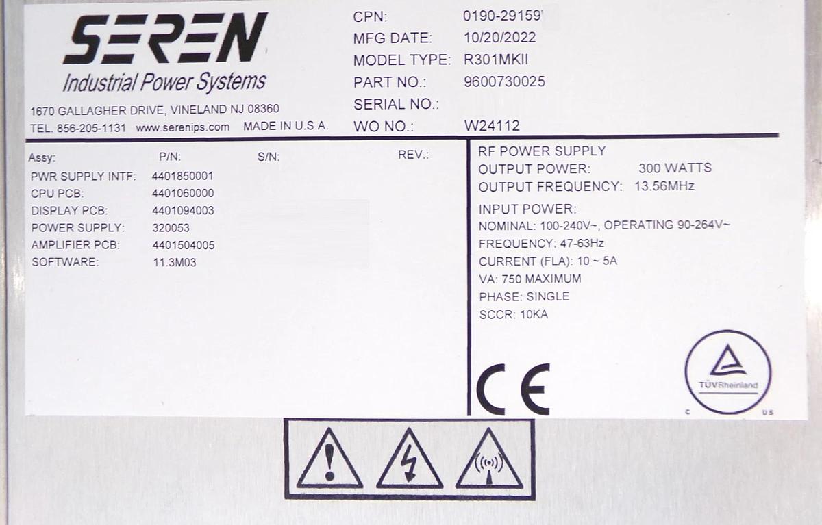 Used R301 MKII Seren 9600730025 LF RF Generator 300w @ 13.56 MHz Working Surplus